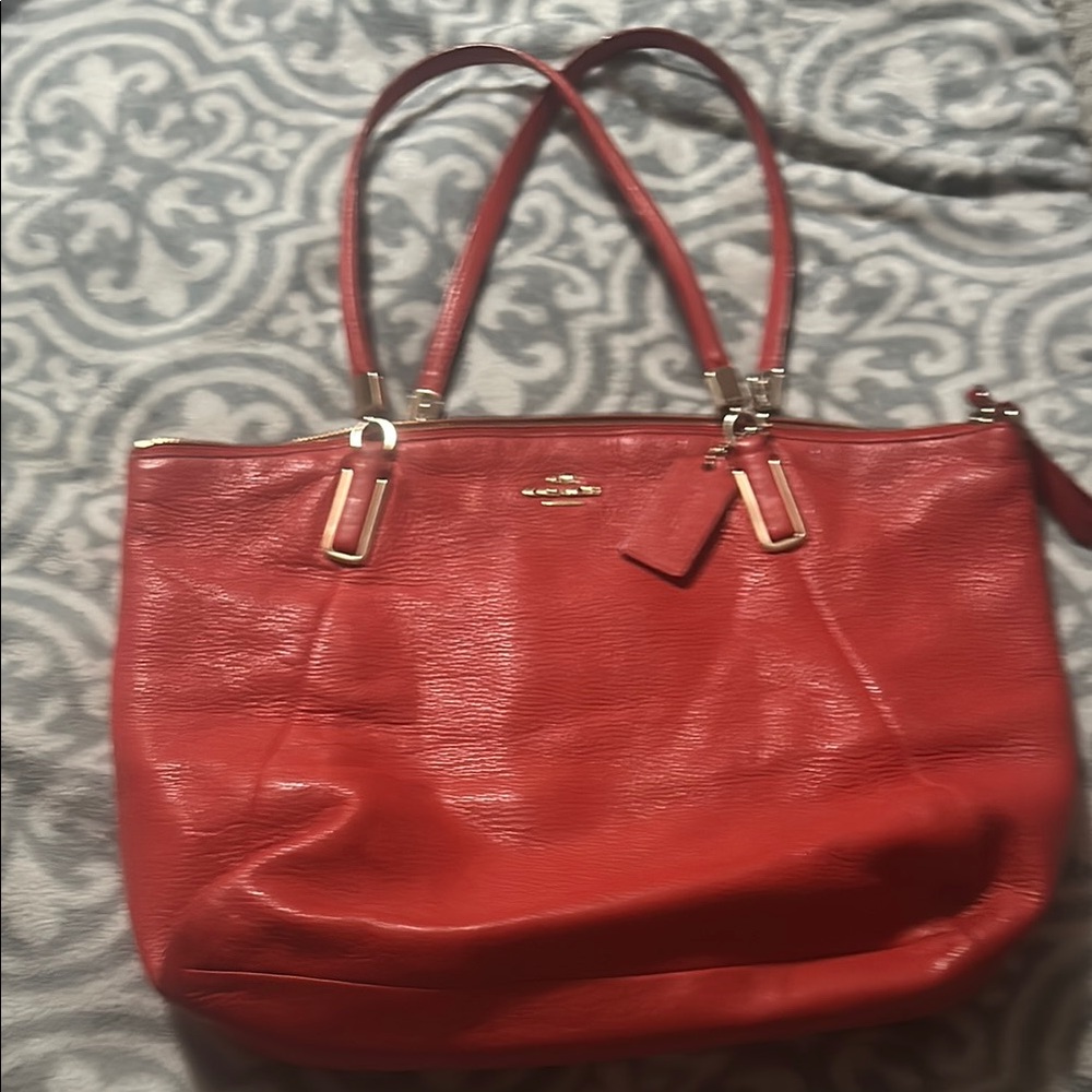Coach Red Leather Tote with Gold Accents